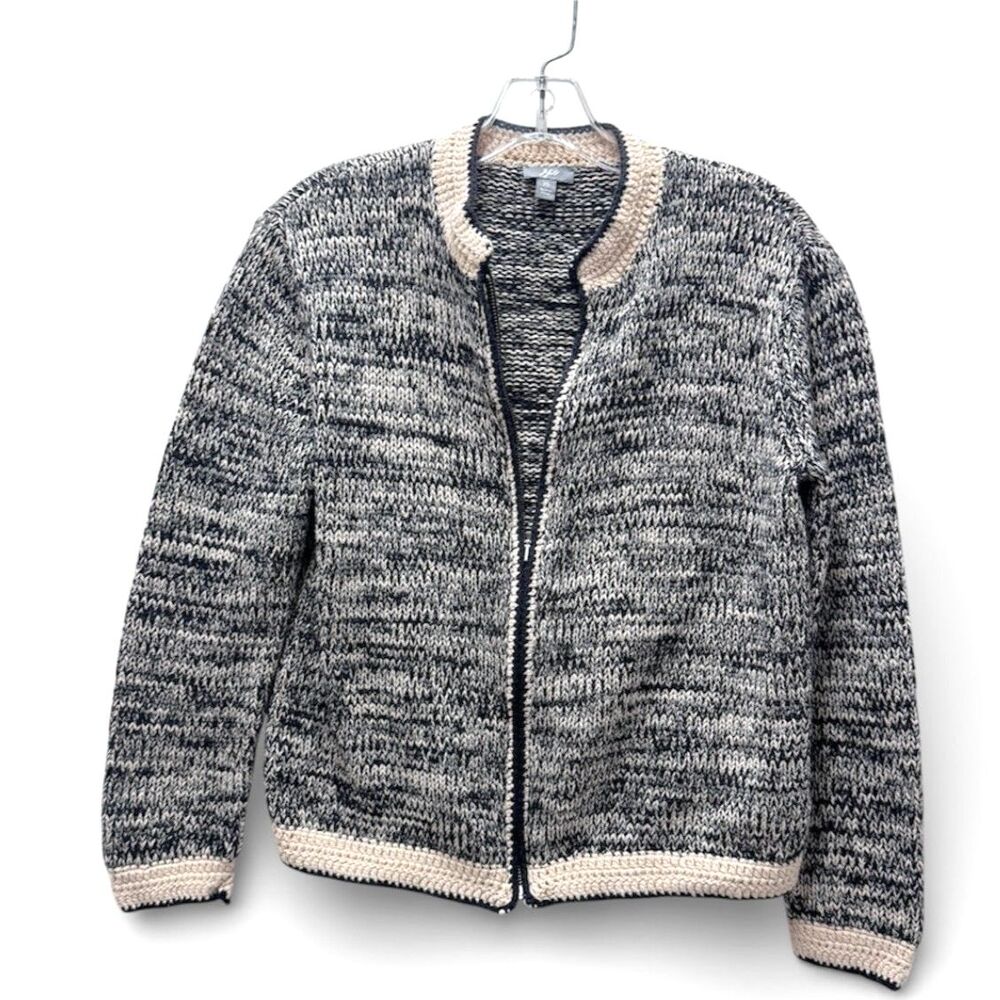 J. Jill Black & Cream Marled Knit Zip Front Cotton Cardigan Sweater Womens XS